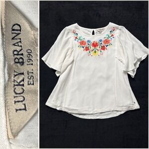 Lucky‎ Brand White Embroidered Flutter Sleeve Top M